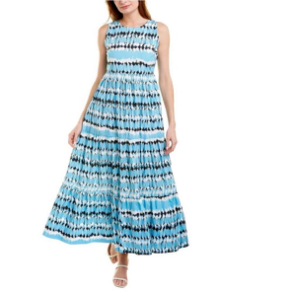Tyler Boe 100% Cotton Poplin Tiered Maxi Dress Aqua Blue Ikat Abstract Small - Picture 10 of 10